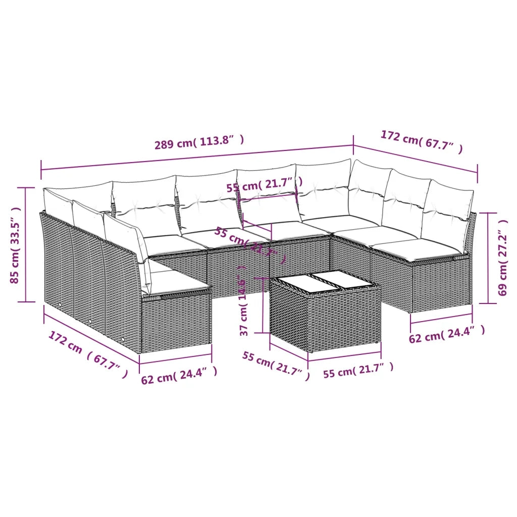 Set Divani da Giardino 10pz con Cuscini in Polyrattan Nero 3249915