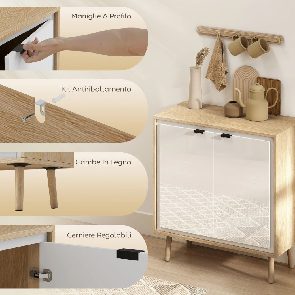 Credenza Moderna a 2 Ante con Ripiano Regolabile. 72x35x77 cm. Bianco Lucido e Rovere