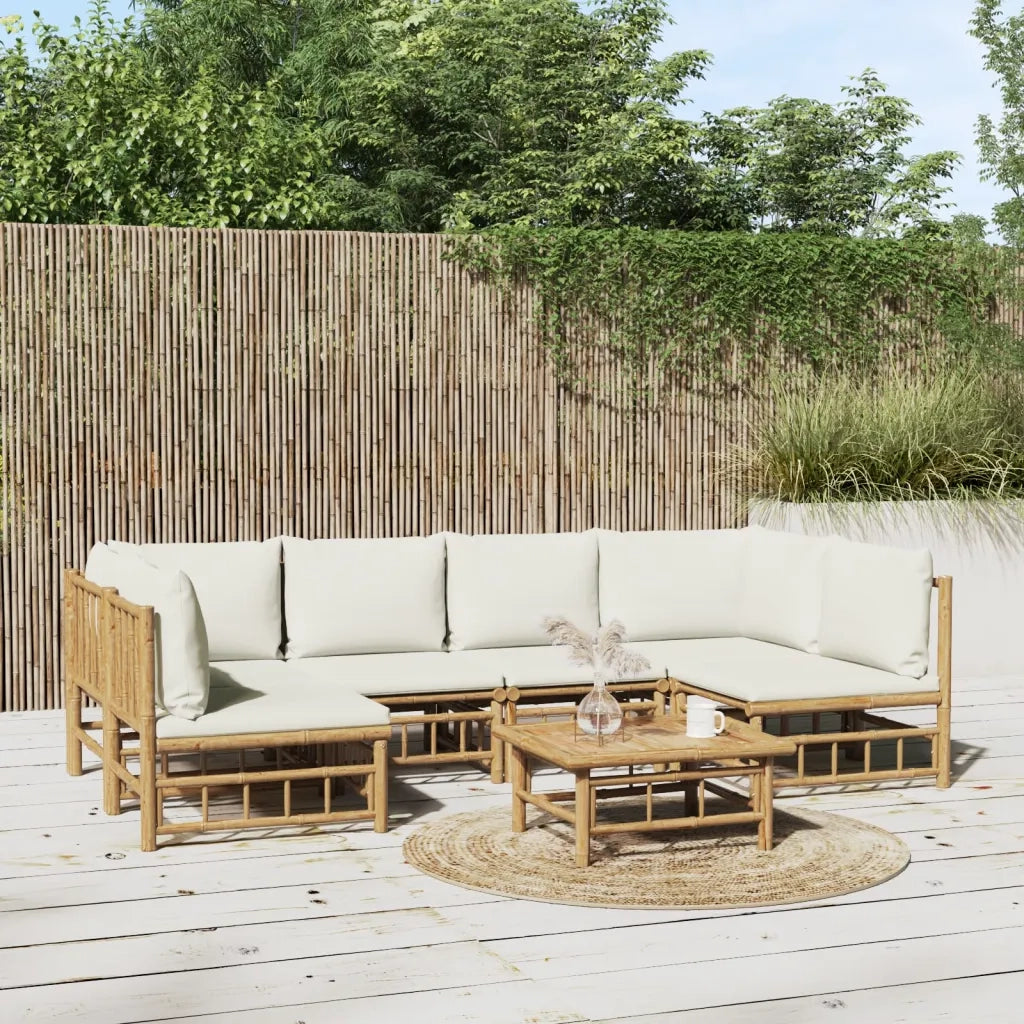 Set Salotto da Giardino 7pz con Cuscini Bianco Crema in Bambù 3155198