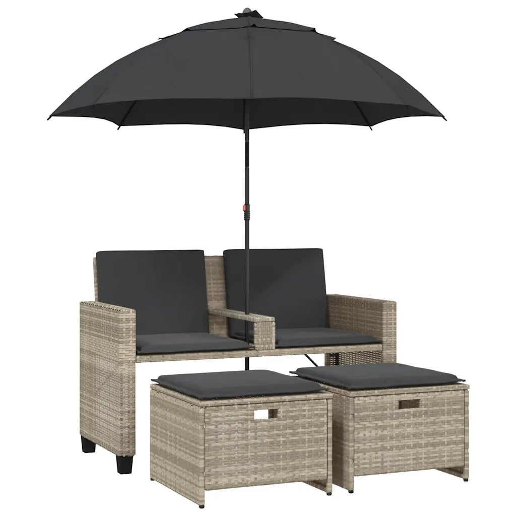 Divano 2Posti Ombrellone e Sgabelli Grigio Chiaro Polyrattan 365888