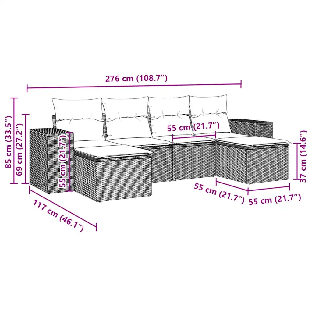 Set Divano da Giardino 6 pz | Set Salotto da Giardino con Cuscini Marrone in Polyrattan