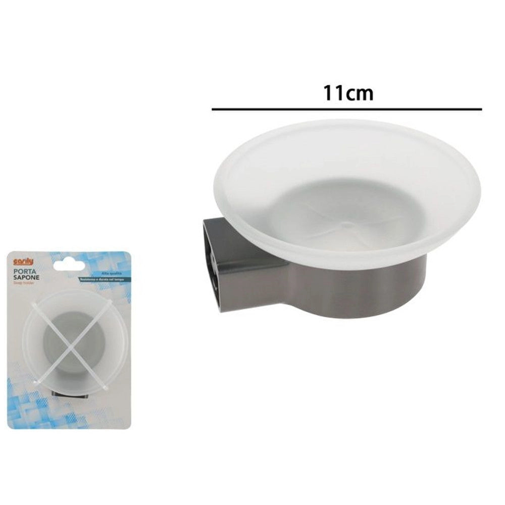 Trade Shop - Porta Sapone Parete Stilizzato Acciaio Grigio Con Piattino Vetro Satinato Bagno 87937 -