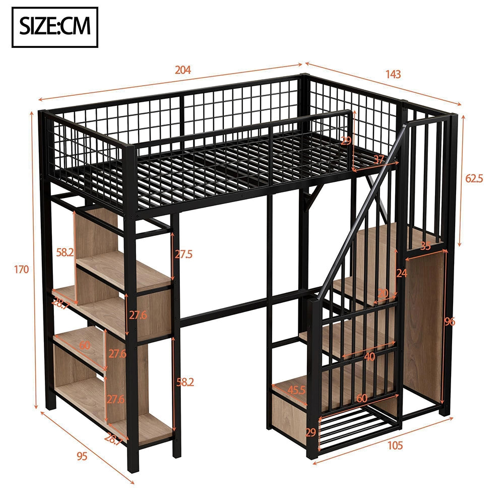 Letto a soppalco - Xylo - 90x200 cm nero con ripiani e scala