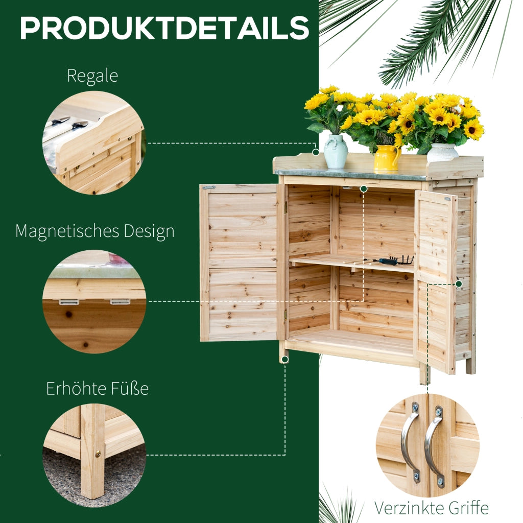 Mobile da giardino con 2 scomparti e piano di lavoro in metallo ¨C Xylo ¨C legno naturale 83x40x92 cm