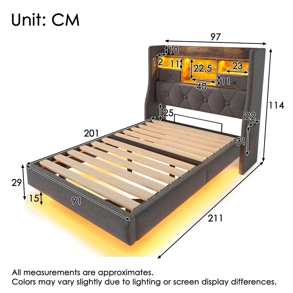 Letto sospeso 90x200cm?- Xylo - LED USB Type-C lino grigio