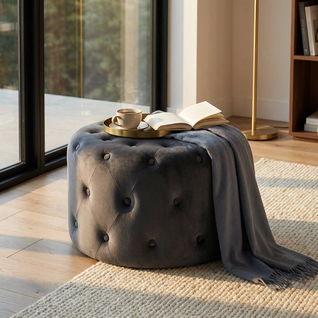 Pouf contenitore rotondo in velluto -  PASCAL