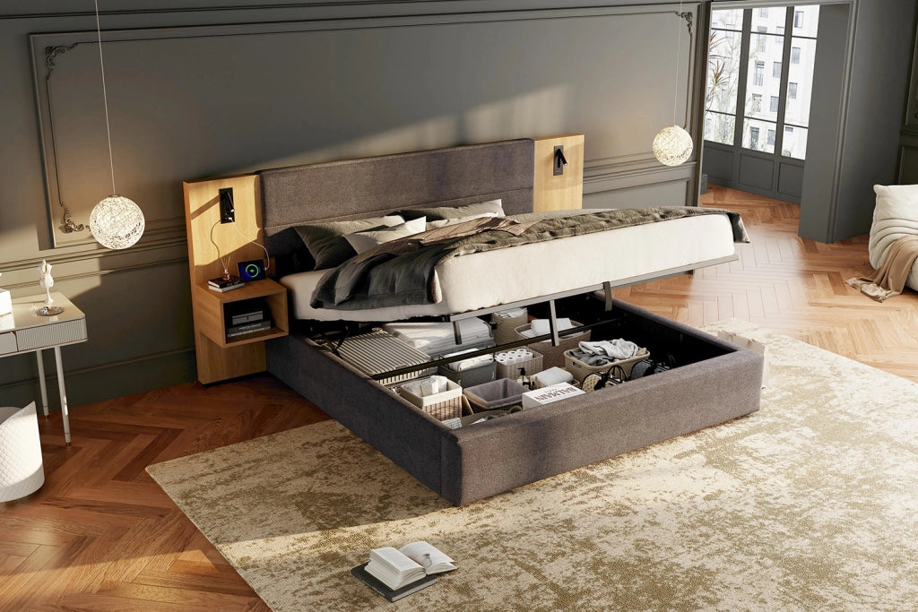 letto imbottito velluto grigio e naturale 160 x 200 cm