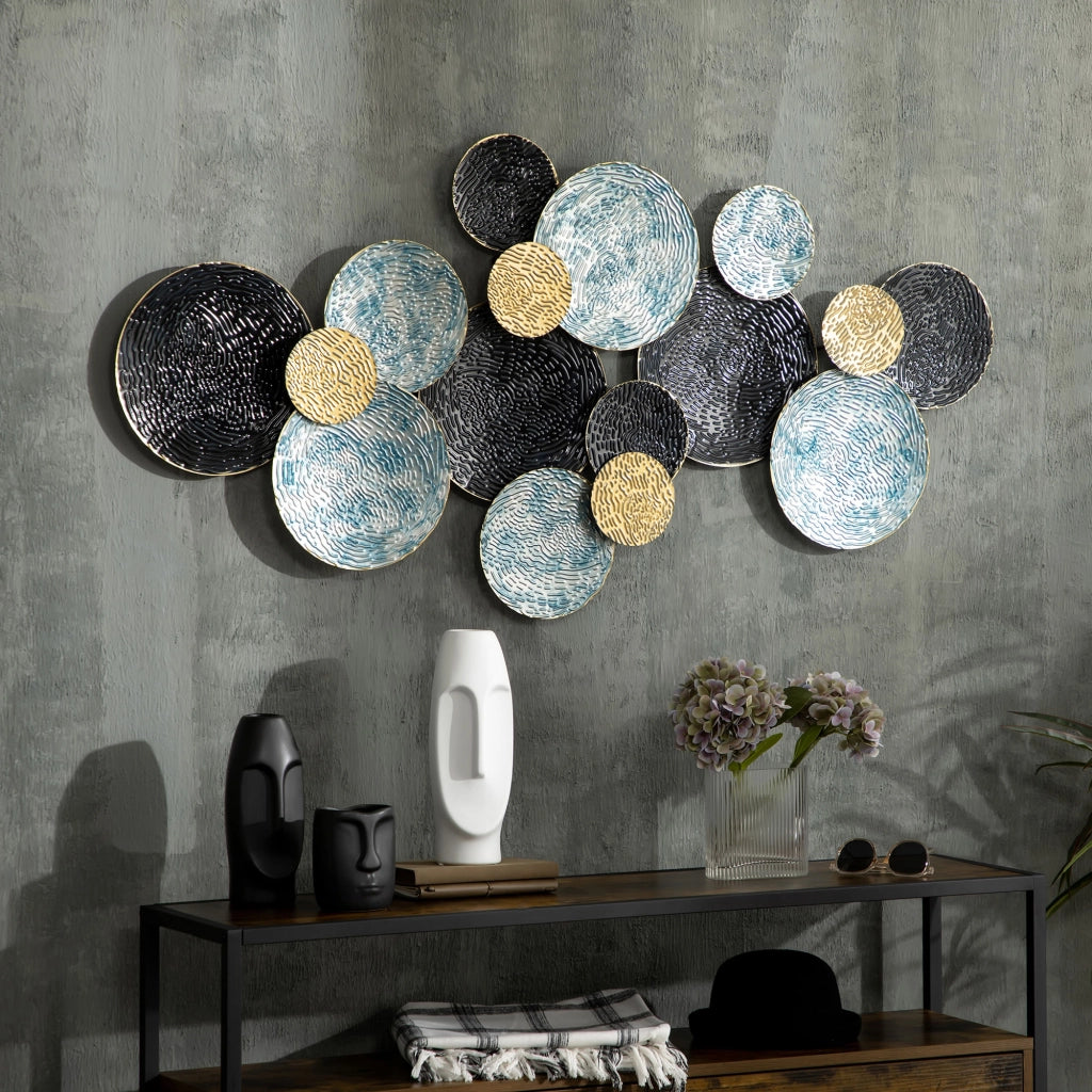 Decorazione Murale 3D a Cerchi ¨C Minimal ¨C Blu Nero Oro 133x66cm