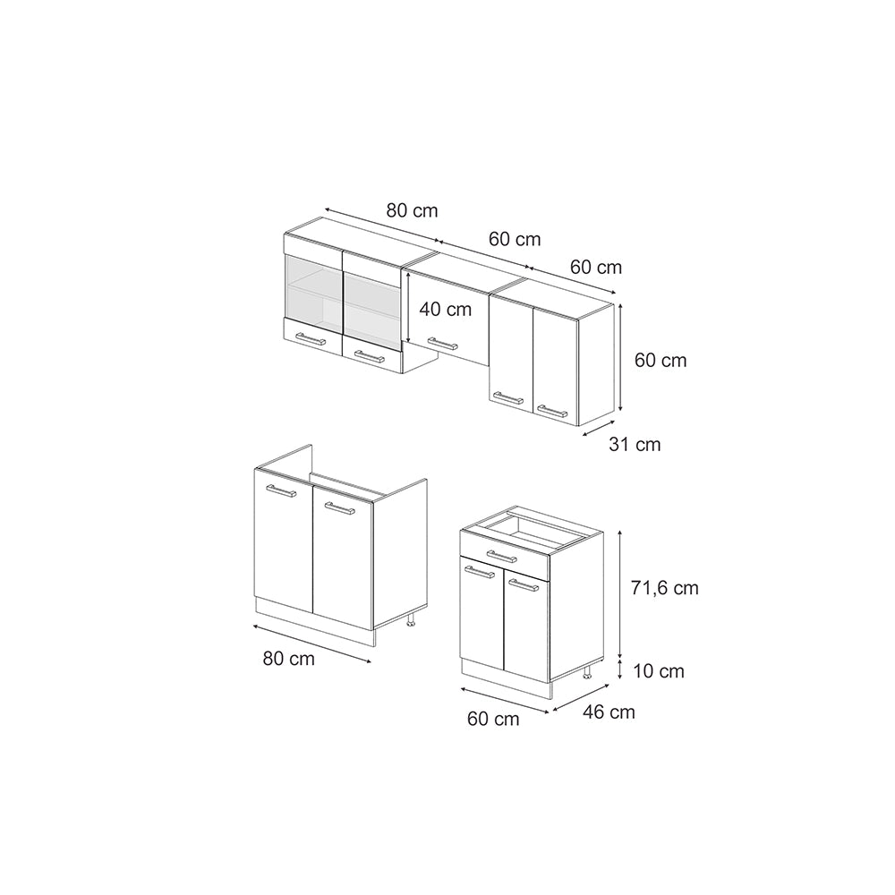 Vicco Cucina componibile Nero lucido/antracite 200 cm , PL Marmo