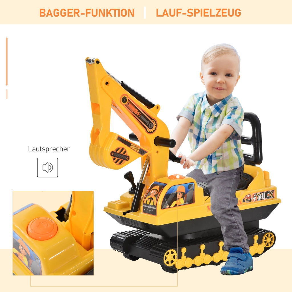 Escavatore cavalcabile con pala e clacson ¨C Xylo ¨C giallo con contenitore sotto sedile
