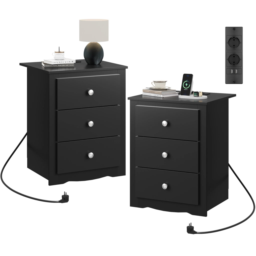 Comodino 3 Cassetti con Prese e USB ¨C Minimal ¨C 2 Pezzi, Nero