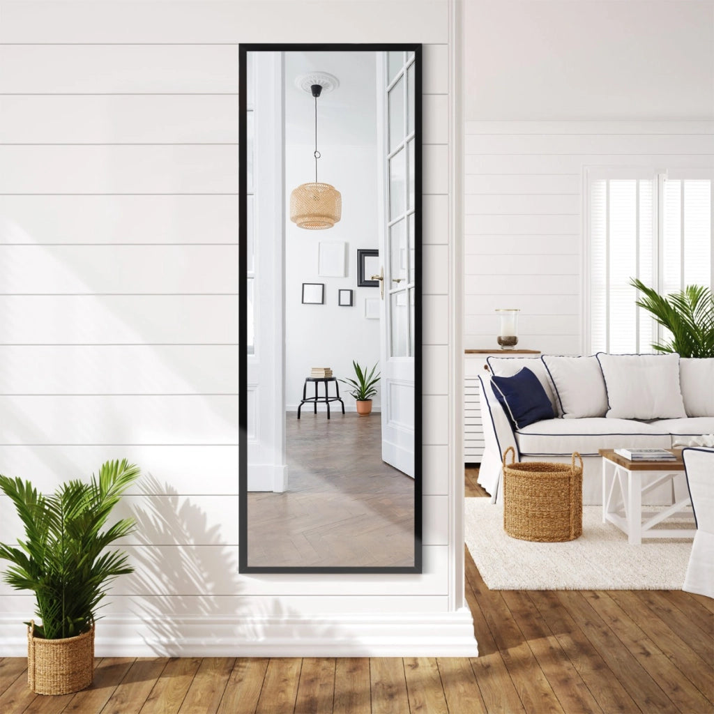 Specchio a figura intera per muro o porta con struttura in ferro, Specchio con 2 set di ganci regolabili Nero