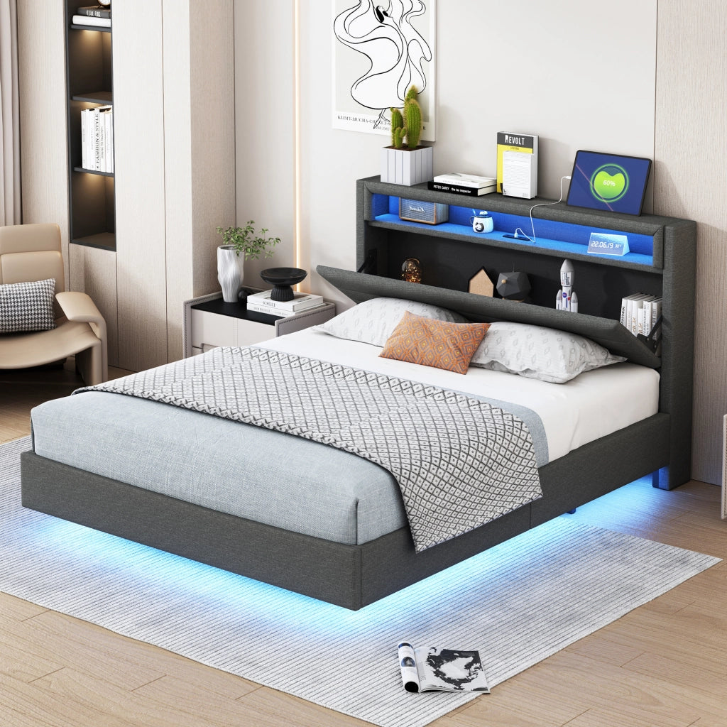 LETTO Imbottito 140x200 cm Grigio con USB e LED, rete a doghe