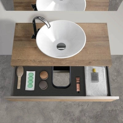Mobile bagno sospeso 80 cm rovere miele con top e specchio tondo Master