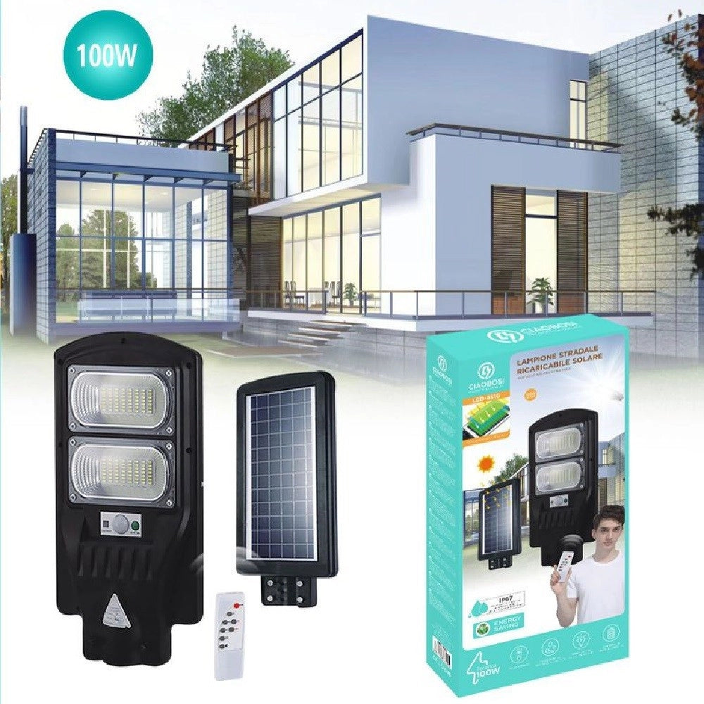 Trade Shop - Lampione Luce Stradale Led Pannello Ricaricabile Solare 100w Telecomando Led-8510 -