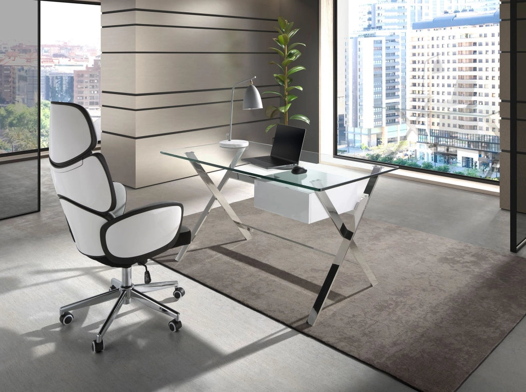 Sedia girevole da ufficio in tessuto grigio chiaro e pvc bianco lucido