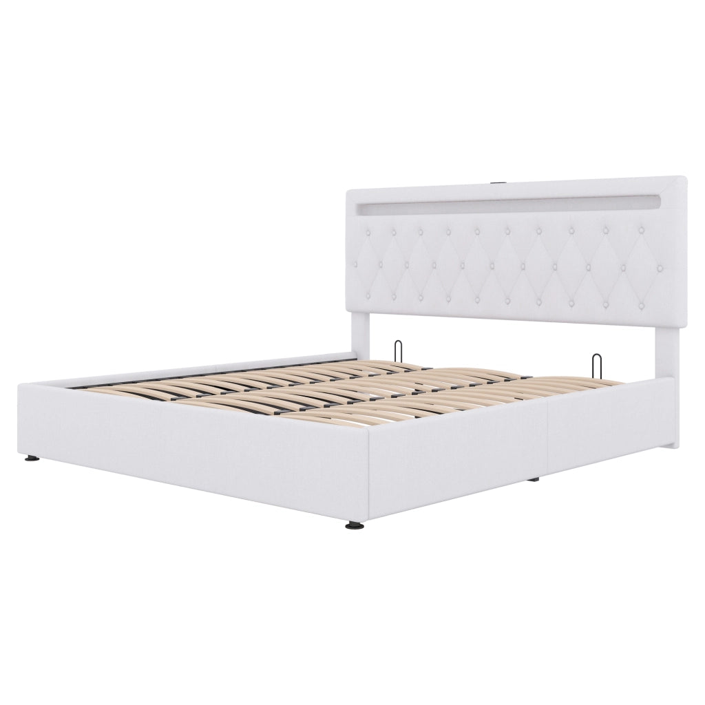 OKWISH Letto Contenitore 180×200 cm, Letto Matrimoniale con Contenitore, USB, USB-C e LED Regolabile, senza Materasso, Lino, Bianco
