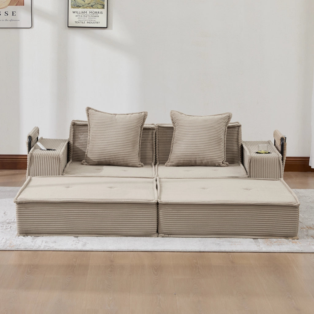 Pouf sofa modulare con tasche laterali e due cuscini in velluto a coste kaki per relax 162 × 78 × 66 cm