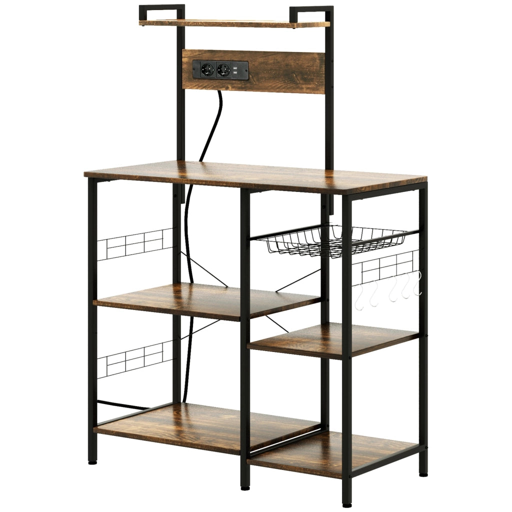 Scaffale Cucina con Multopresa 90x42x130 cm in Legno e Acciaio Marrone Rustico