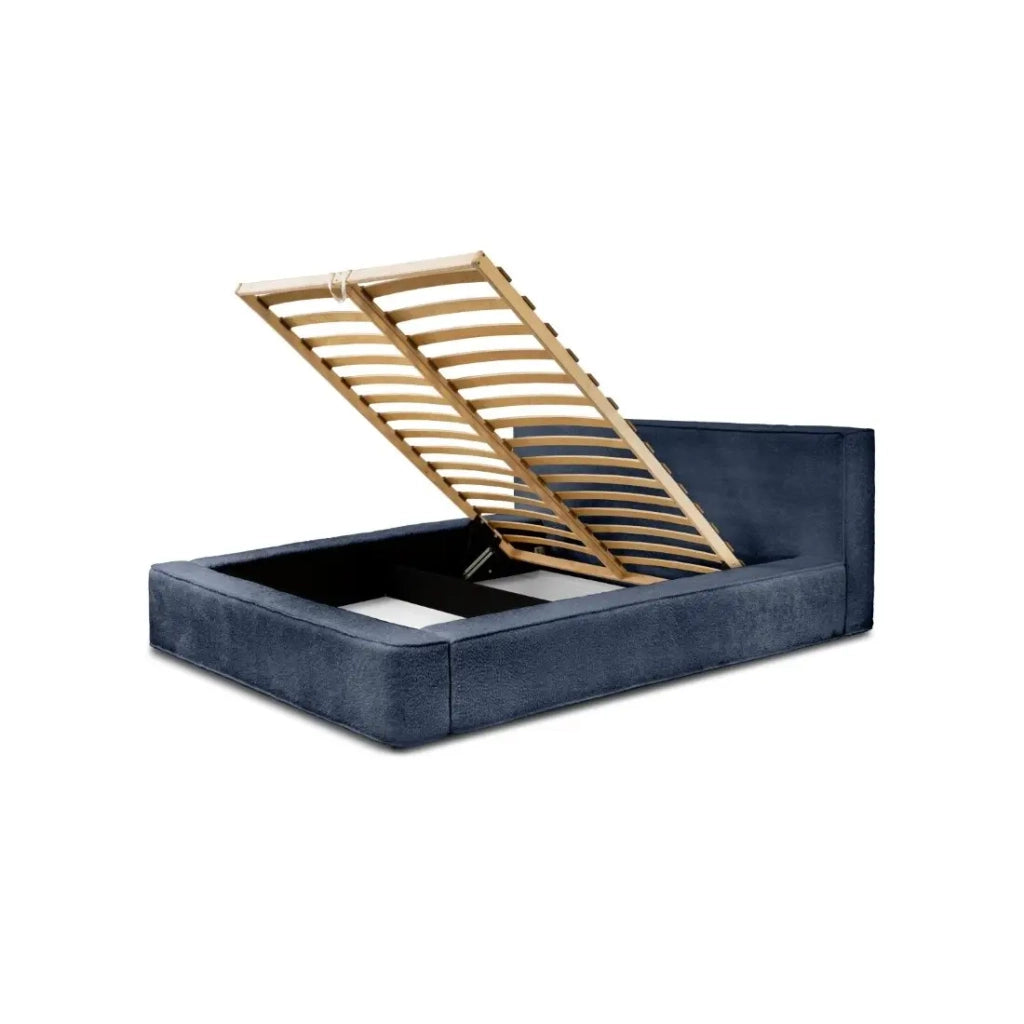 Letto con contenitore VELORA – Blu acciaio bouclé – 140x200 cm – Tessuto velluto morbido – Rete sollevabile – Spazio di stoccaggio integrato