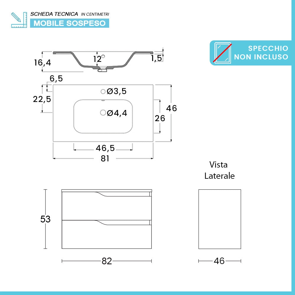 Mobile bagno sospeso 80cm quercia e bianco con lavabo Sumya