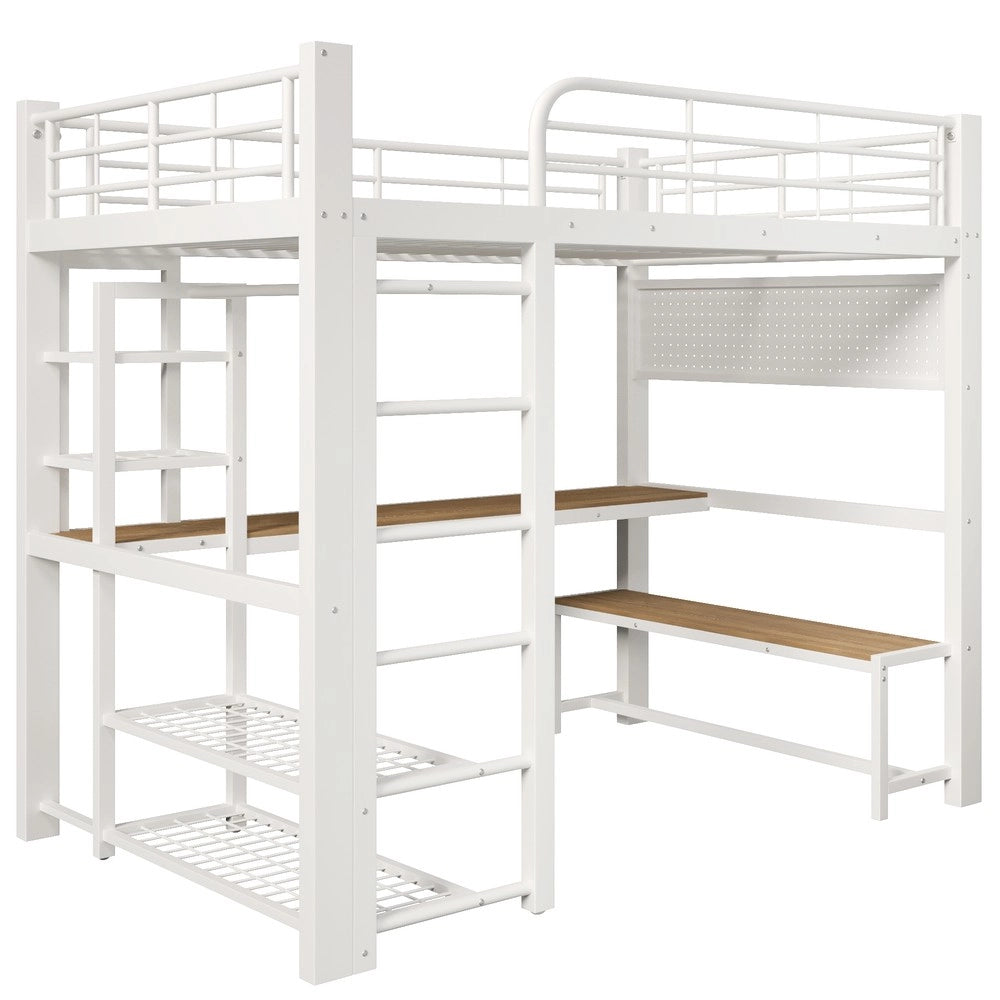 Letto a Soppalco con LED e Scala con Contenitore ¨C MINIMAL ¨C Metallo Bianco 140x200cm