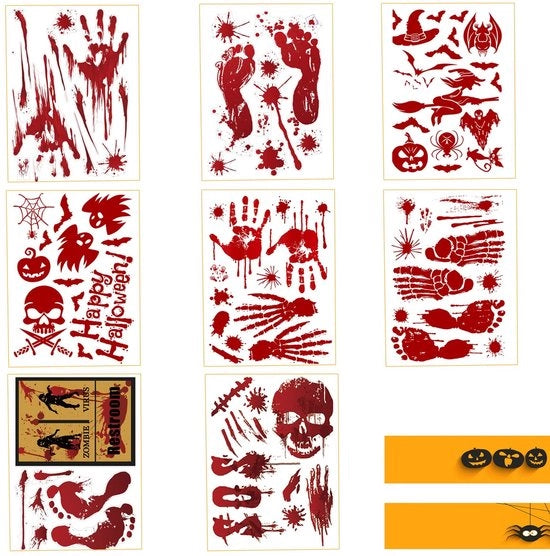 Sticker per finestra Bloody handprints, 8 fogli Halloween, impronte digitali di sangue, adesivi PVC, decalcomanie Bloody handprint, macchie di sangue, adesivi per pavimento, adesivi per vetro con aderenza.