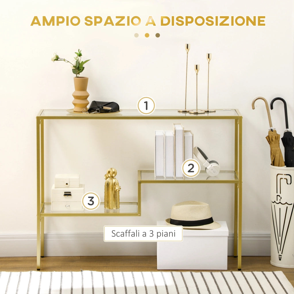 EasyComfort Consolle da Ingresso a 3 Ripiani in Acciaio e Vetro Temperato, 100x32x76 cm, Oro