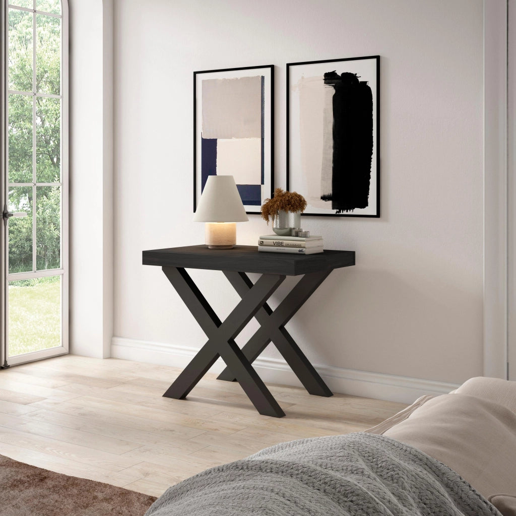 Consolle allungabile, 58 fino 222x90x73cm, Per 10 persone, Gambe in legno, Nero RF2787