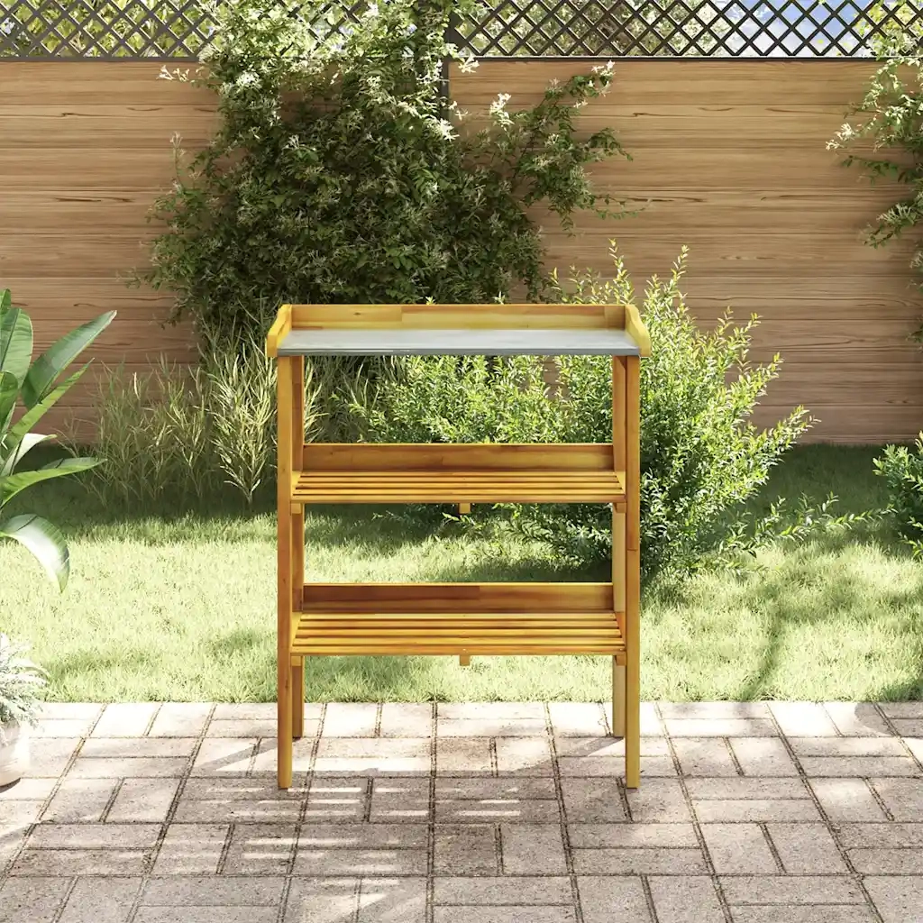 Fioriera a 2 Ripiani in Legno Massello di Acacia e Zincocod mxl 73042