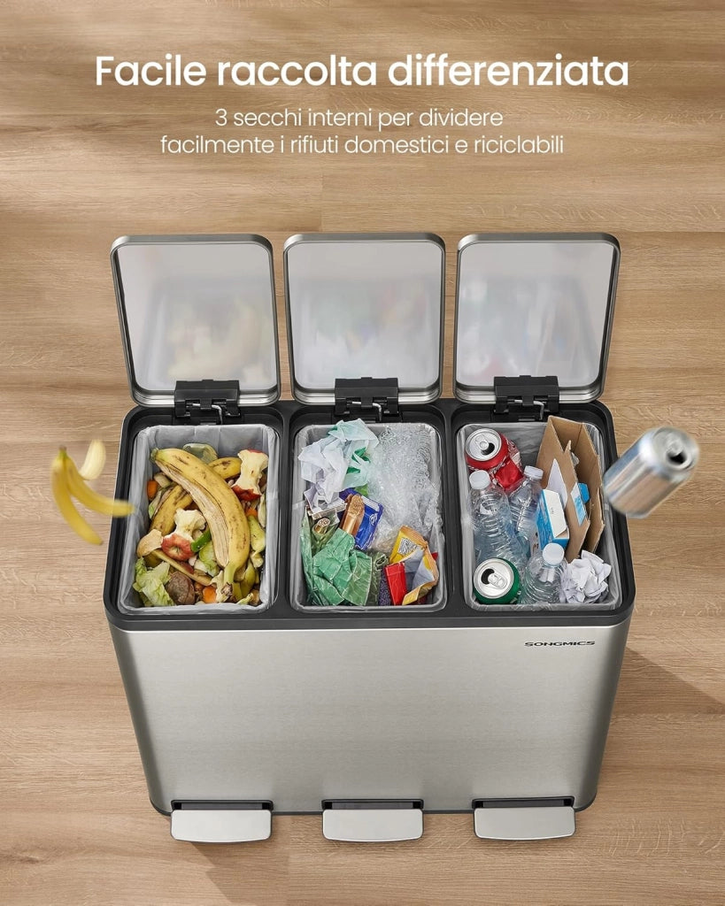 SONGMICS Pattumiera Cucina 3 x 18 L, Cestino per Raccolta Differenziata 3 Scomparti, 15 Sacchetti, Secchi Rimovibili, Coperchio, Maniglie, Chiusura Morbida, Acciaio Inox, Argento LTB254EZ01
