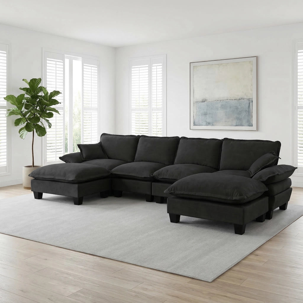 Divano Angolare Modulare 6 Posti ¨C MINIMAL ¨C Chenille Nero con Ottomane