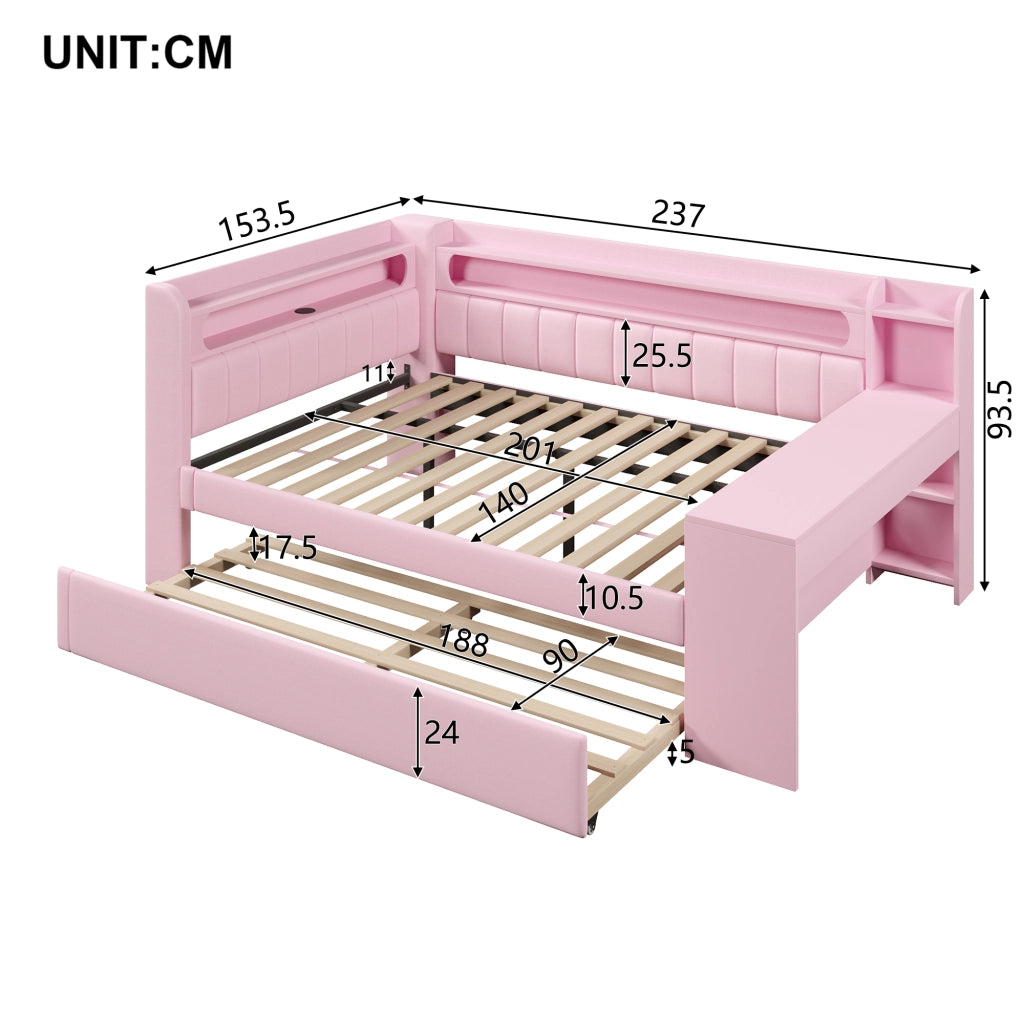 Letto a Divanetto 140x200 cm - USB; LED; con Letto Estraibile e Scrivania - Rosa