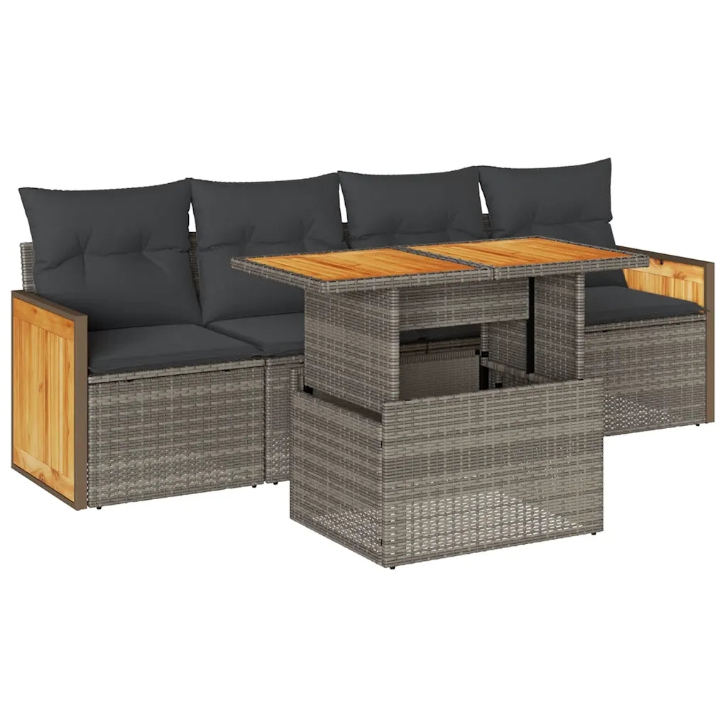 Set Divano Giardino 5 pz | Set Salotto da Giardino con Cuscini Grigio Polyrattan Acacia