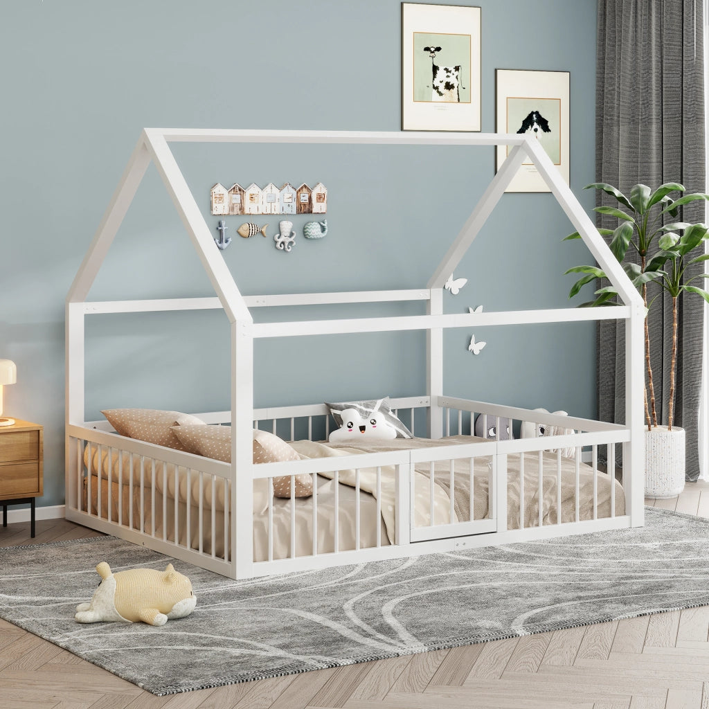 OKWISH Letto a casetta 140×200 cm, Letto Matrimoniale con Sponda di Sicurezza e Cancelletto, senza Materasso, in Metallo, Bianco