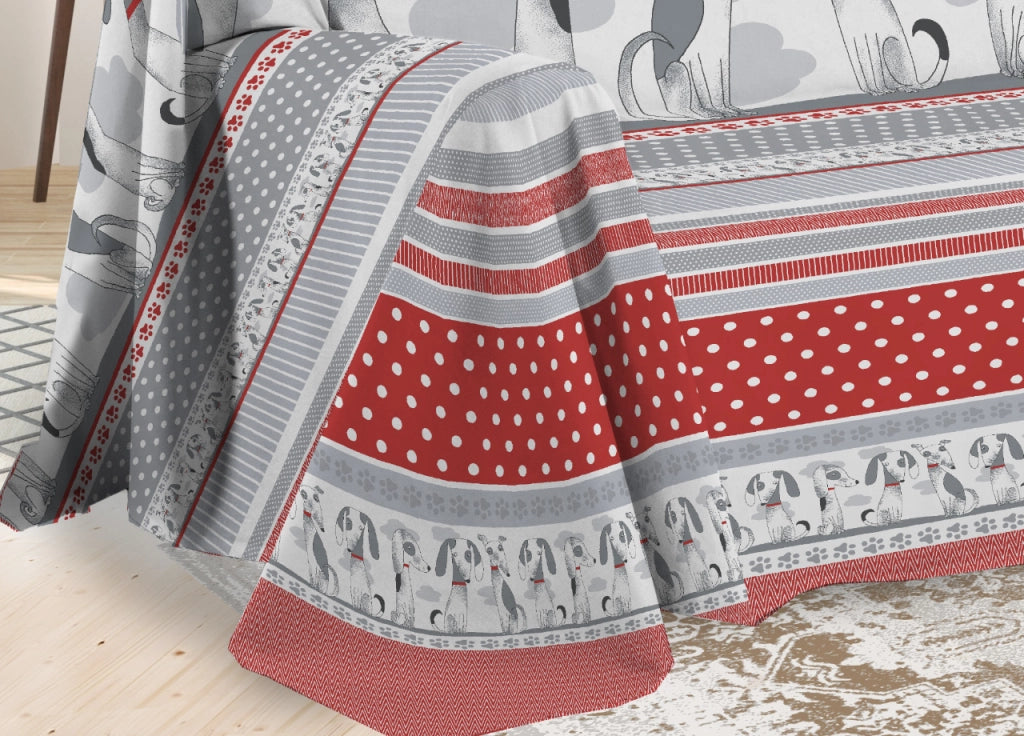 Telo Arredo Multiuso Linea Pensieri Delicati In Cotone Disegno Bau Bau - Matrimoniale - Rosso