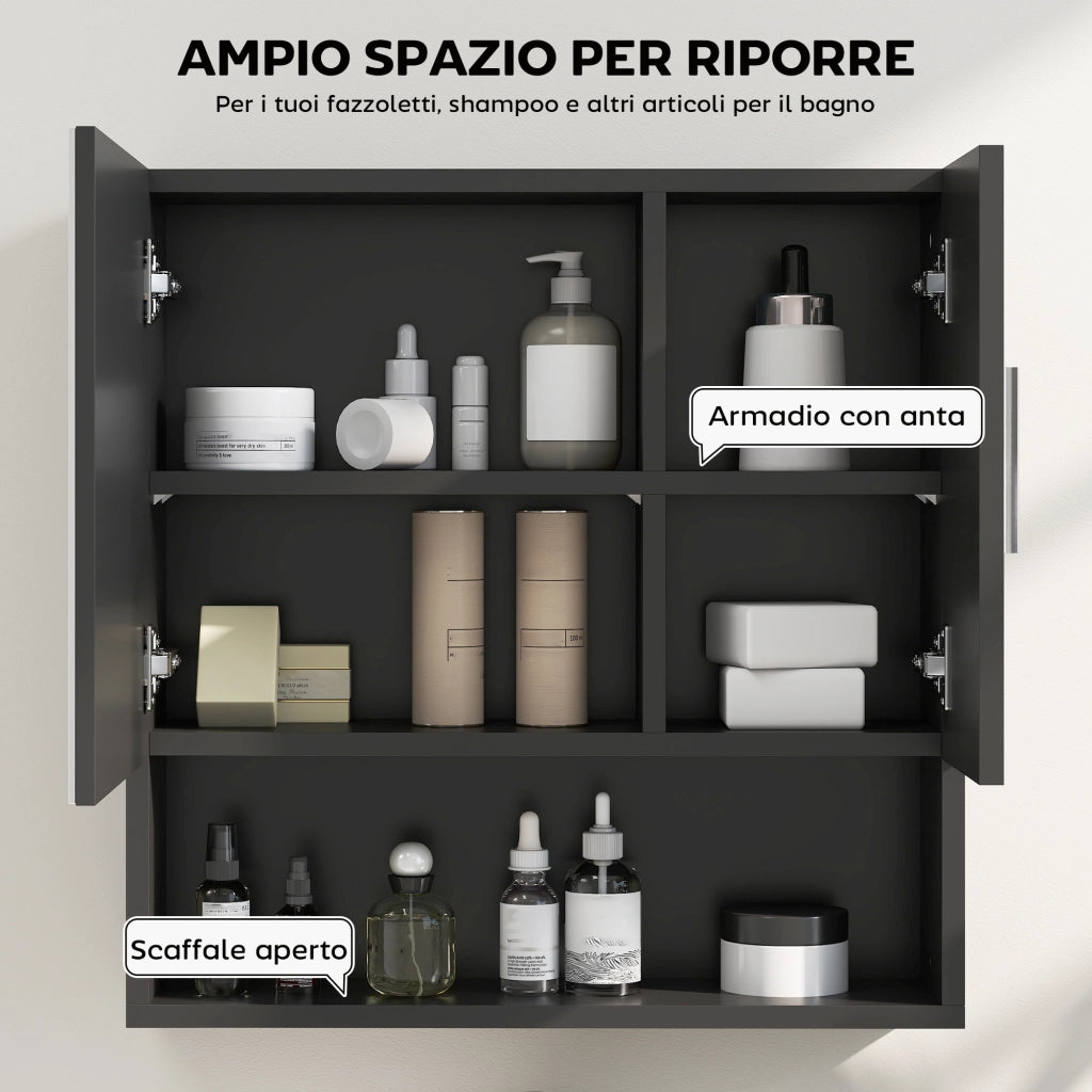Armadietto Specchiera Bagno in Legno con Mensole Regolabili e Ripiano Aperto ¨C Zephmum ¨C Nero 54x15.2x55.3 cm