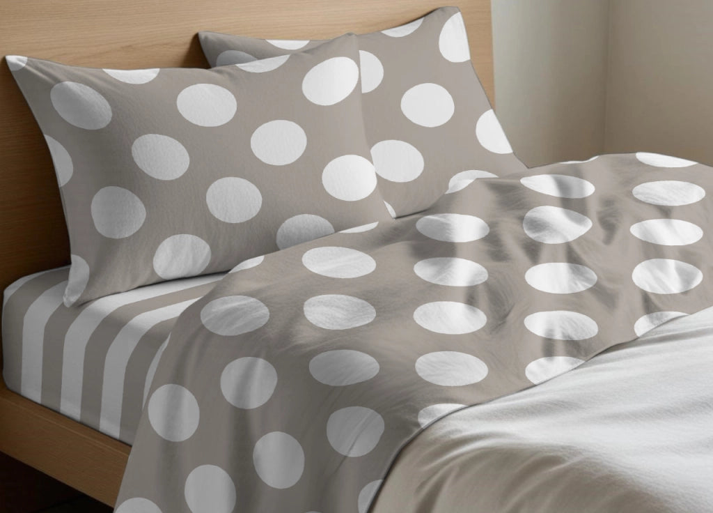 Completo Lenzuola Letto In 100% Cotone Made Italy Disegno Pois - Singolo - Beige