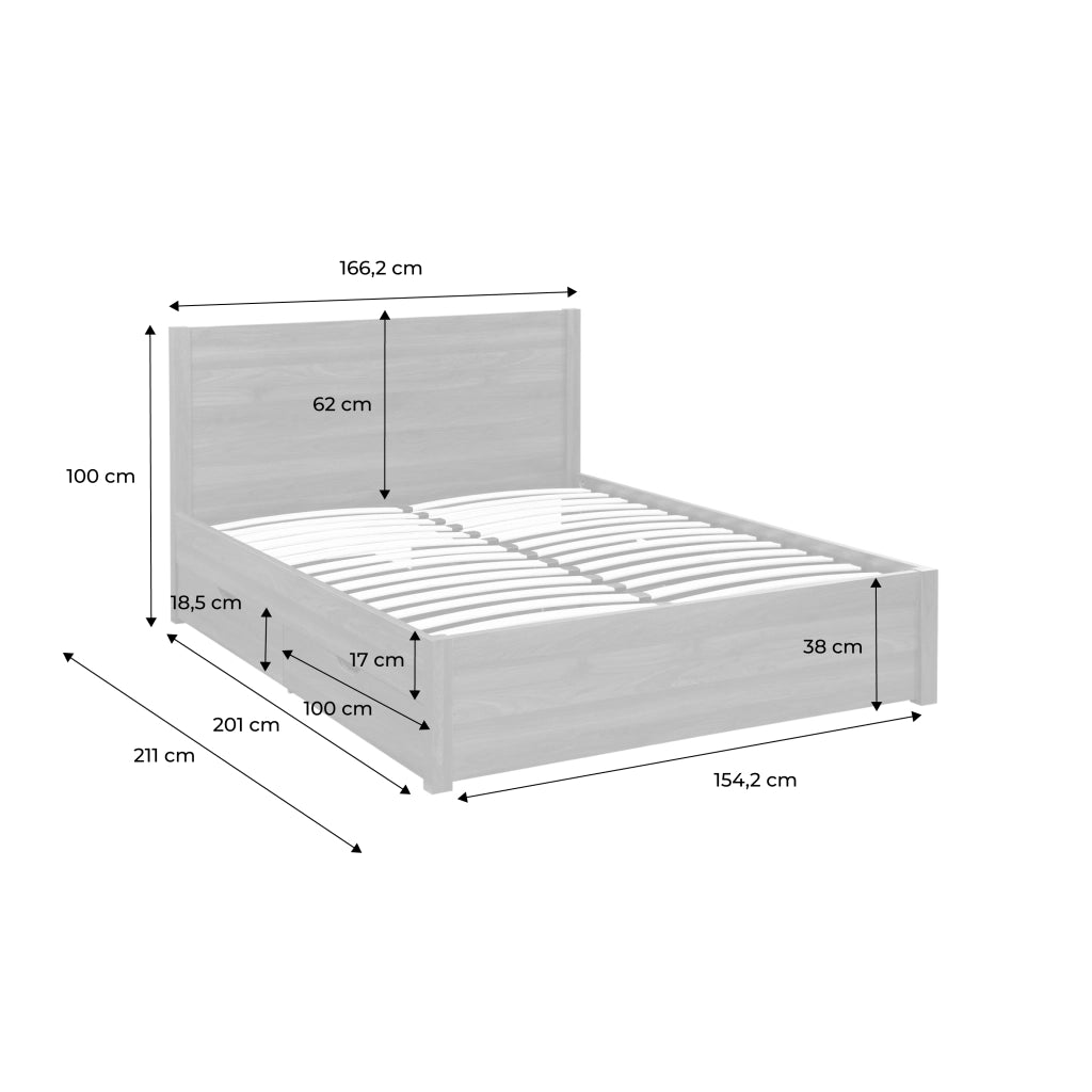 Letto con rete a doghe e testiera 160x200cm + 4 cassetti, noce