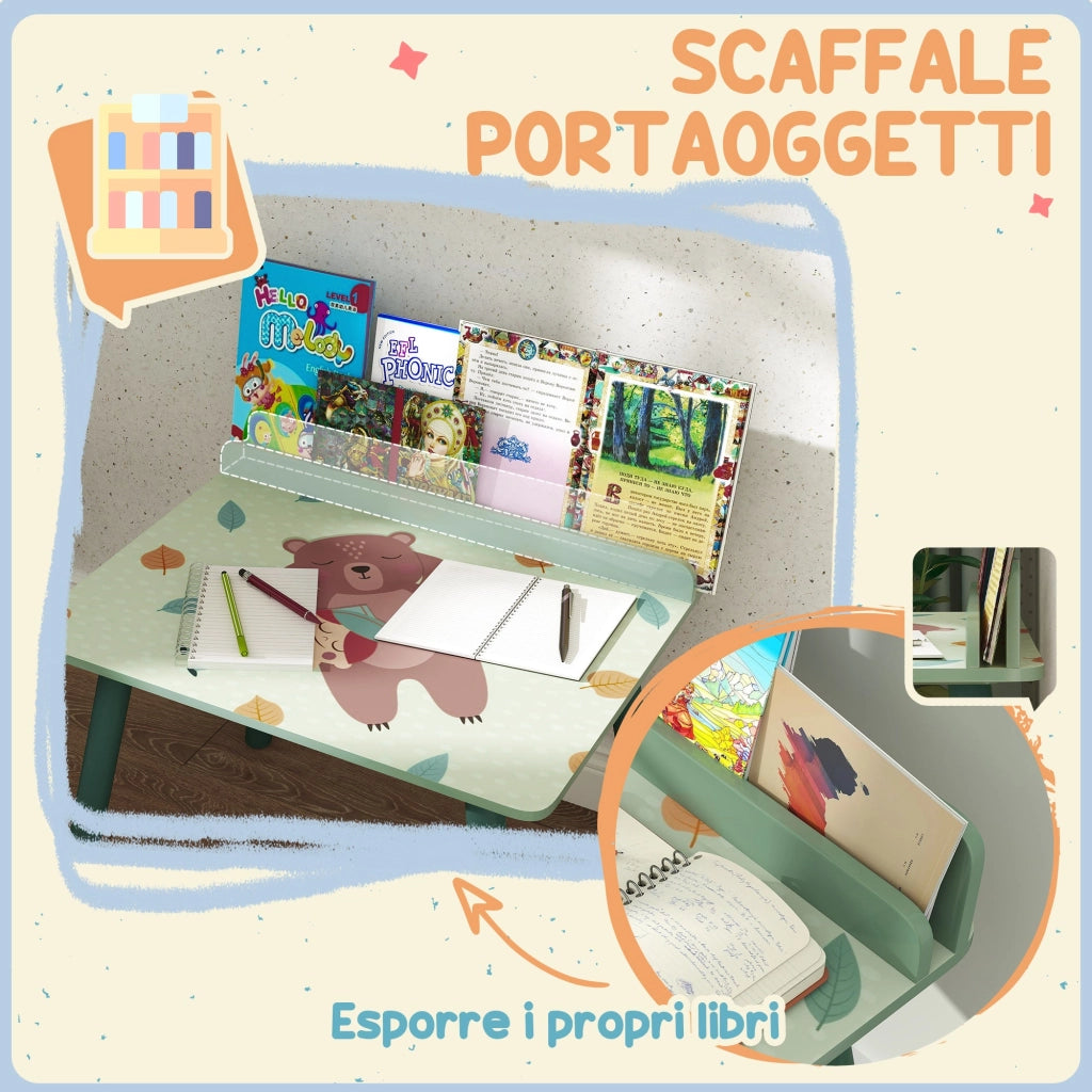 Set Tavolo e Sedia per Bambini con Ripiano Portaoggetti Verde