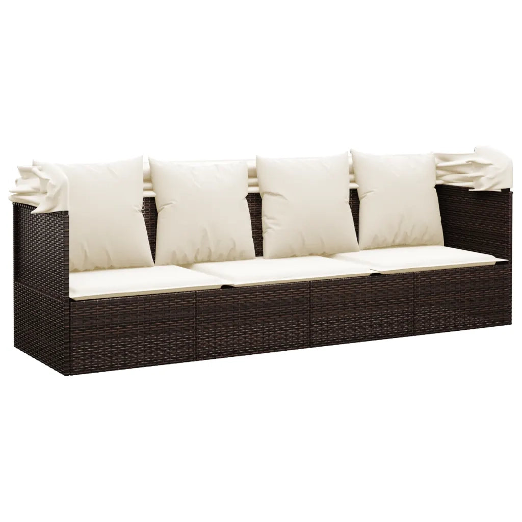 Lettino Prendisole | Sdraio da giardino | Lettino da sole Esterno Tetto e Cuscini Marrone Polyrattan