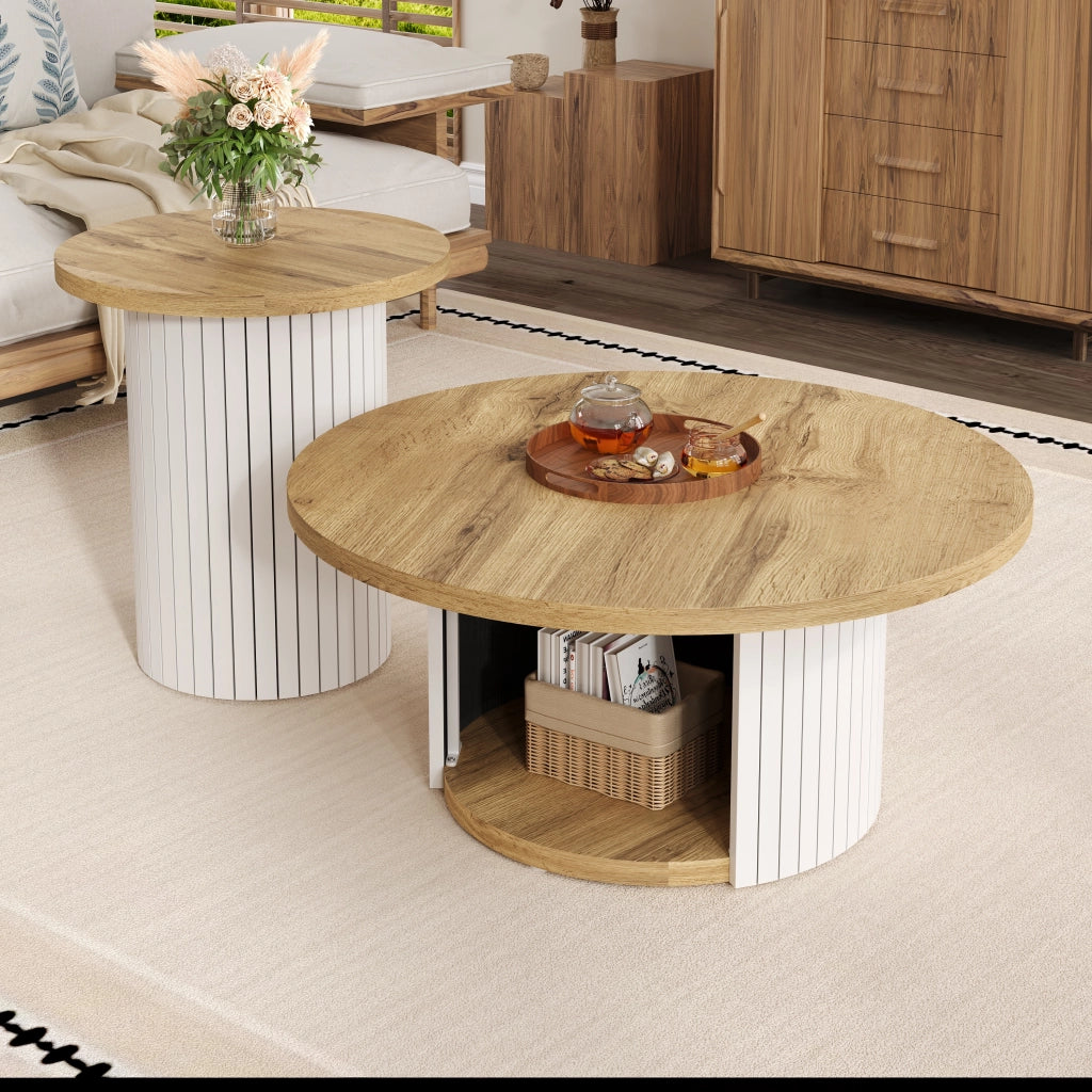 OKWISH Tavolini da Salotto Impilabili Rotondi Stile Nordico con Tavolo Principale e Tavolino Laterale, MDF, Naturale