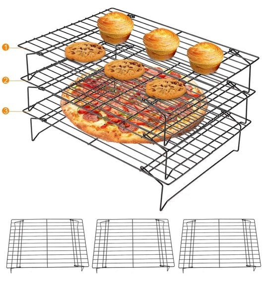 Scaffale di Raffreddamento 3 Livelli - Acciaio Inossidabile - Lame Antiscivolo - Per Biscotti/Torta/Pan - Raffreddamento Uniforme - 34 x 24,5 x 19,5 cm - Modello Bakrek
