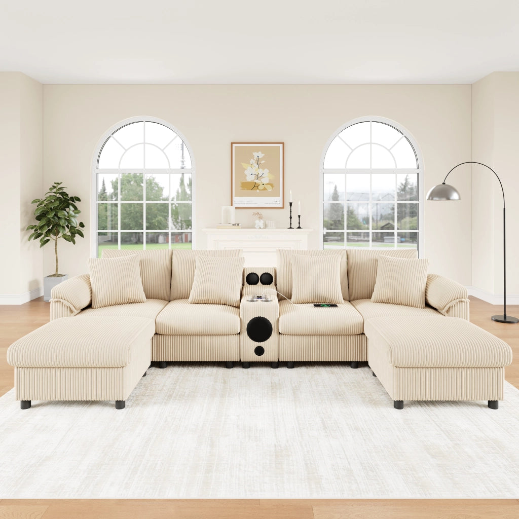 Divano modulare a U e a L - con console Bluetooth e porta bicchieri - in cord beige