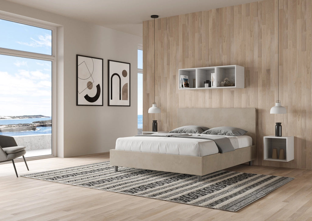 BS COM Letto matrimoniale francese con rete imbottito 140x210 microfibra sabbia