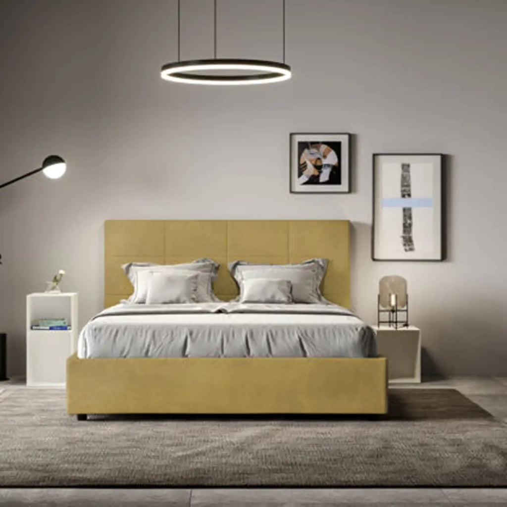 Letto matrimoniale francese con rete imbottito 140x200 microfibra ocra Mika
