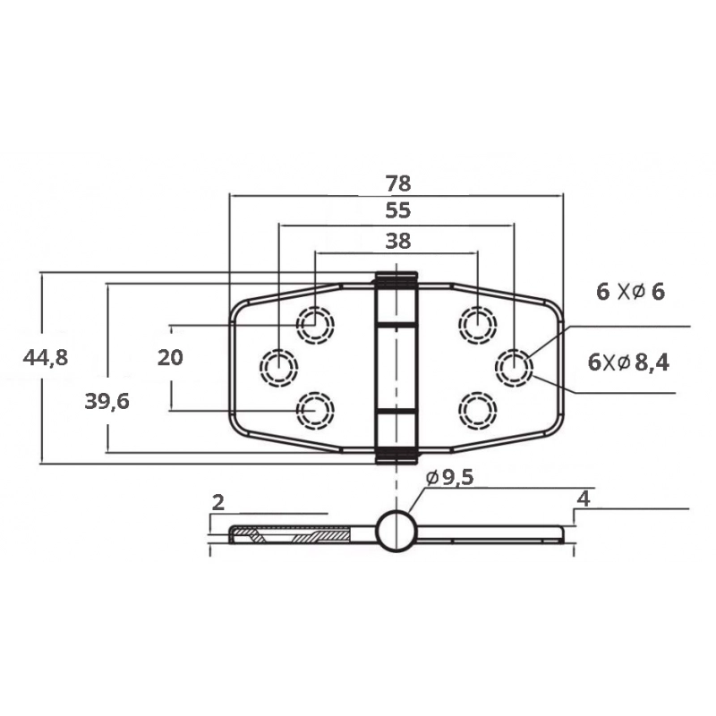 CERNIERA INOX 316 CON COPERTURA HINGE IN STAINLESS STEEL AISI 316 WITH HALF-RECESSED PIN