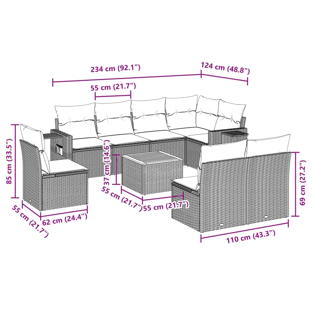 Set Divani da Giardino 9 pz con Cuscini Nero in Polyrattan 3256930