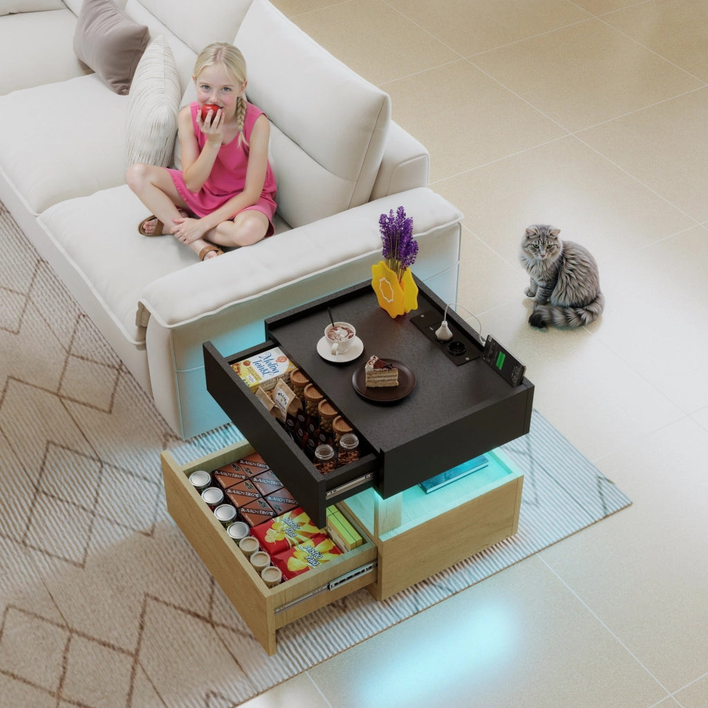 Comodino, 2 cassetti, tavolino a due ripiani, luce a LED, nero e color legno naturale