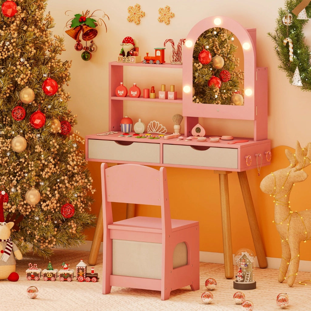 Set tavolo da toeletta per bambini da trucco con 3 modalit¨¤ di illuminazione colorata, Tavolo specchio con armadietto Rosa-Toelette per bimbi